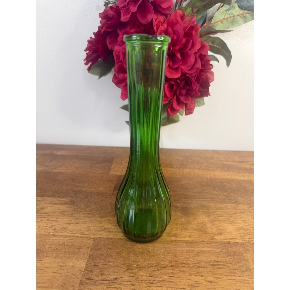 Vintage CFG Green Glass Bud Vase Tall Ribbed Vase Mid Century Floral Display